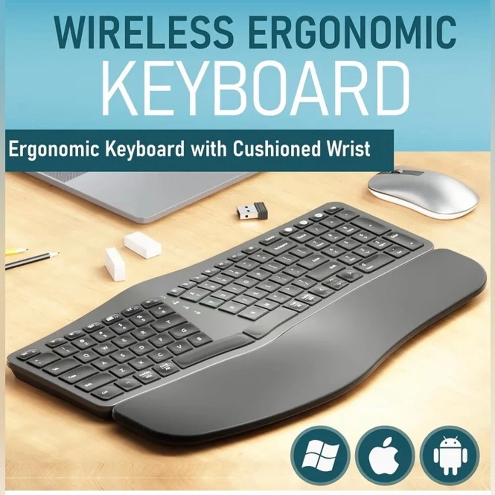 ROCK&ROWN Ergonomic Keyboard with Cushioned Wrist and Palm Rest,Bluetooth. Black